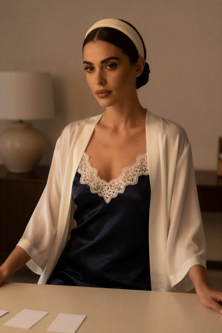 ChuhaiFinder muse in a midnight silk slip dress seated at a desk with blank cards